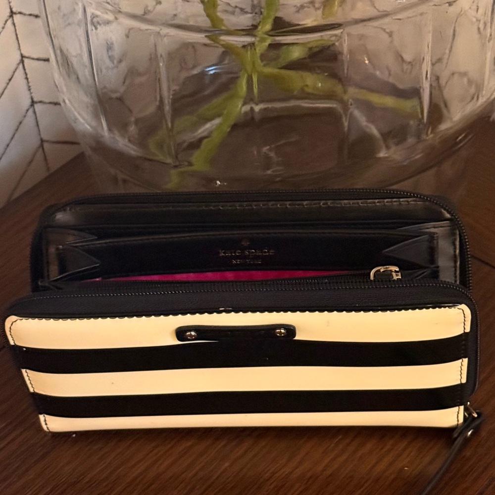 Kate Spade Black and White Striped Patent Leather Women's Wallet